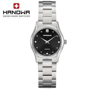 Hanowa Swiss Made Stainless Steel Watch, 3 Diamond splitters, Black , Bracelet